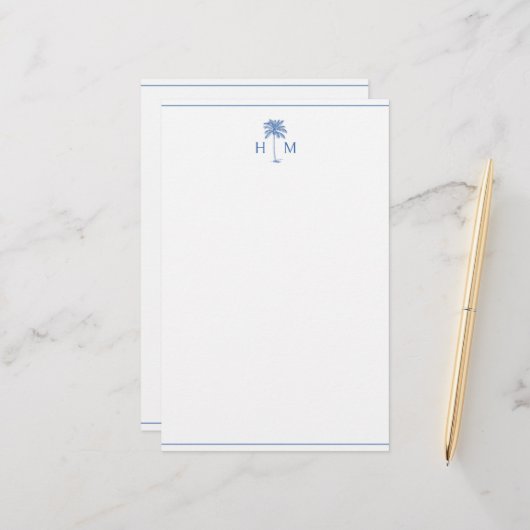 Blau-Weiße Palm-Palmetto-Baum-Monogramm Briefpapier (Vorderseite/Rückseite Beispiel)