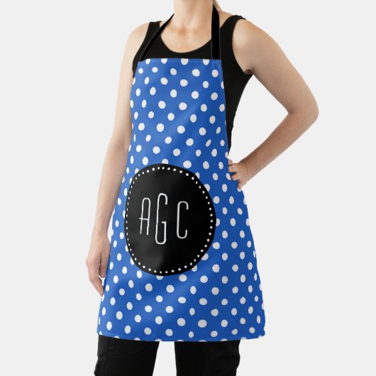 Blau-weiße Polka-Punkte mit schwarzer Monogramm Schürze (InSitu)