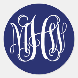 Blau Weiße Preppy Reben-Schrift Monogramm DIY Hint Runder Aufkleber