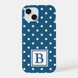 Blau-weiße Punkte-Monogramm iPhone 15 Hülle