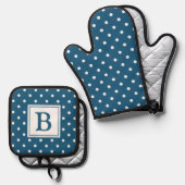 Blau-weiße Punkte-Monogramm Ofenhandschuh & Topflappen-Set (Vorderseite/Rückseite)