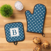 Blau-weiße Punkte-Monogramm Ofenhandschuh & Topflappen-Set (Oben Unten)