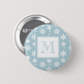 Blau-Weiße Schneeflocken Muster 1 mit Monogramm Button (Vorne & Hinten)