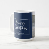 Blau-weiße Schrift frohe Weihnachten Kaffeetasse (Vorderseite Links)