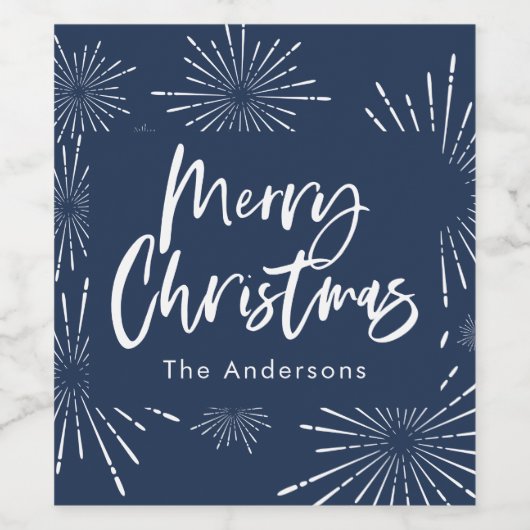 Blau-weiße Schrift frohe Weihnachten Weinetikett (Einzelnes Label)