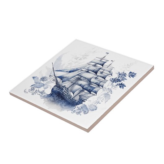 Blau-weiße Segelschiffe im Delft-Stil im Meer Fliese (Seite)