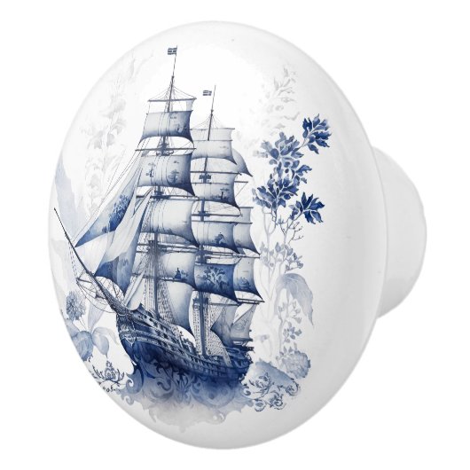 Blau-weiße Segelschiffe im Delft-Stil im Meer Keramikknauf (Rechts)