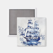 Blau-weiße Segelschiffe im Delft-Stil im Meer Magnet (Vorderseite/Rückseite)