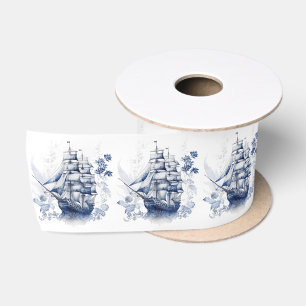 Blau-weiße Segelschiffe im Delft-Stil im Meer Satinband
