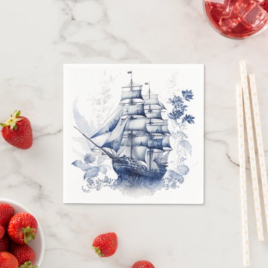 Blau-weiße Segelschiffe im Delft-Stil im Meer Serviette (Beispiel)
