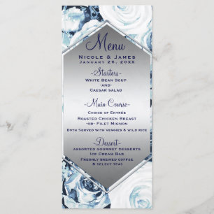 Blau Weiße Silber Winterhochzeit Vintage Rose Spei Menükarte