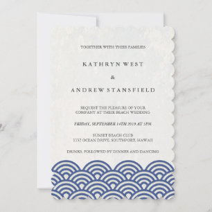 Blau + Weiße stilisierte Waves Elegant Beach Weddi Einladung
