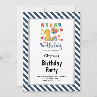 Blau/Weiße Streifen Gerahmt 1. Geburtstag Party Einladung