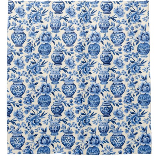 Blau-weiße Vasen-Muster Duschvorhang (Vorderseite)