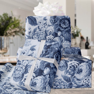 Blau-weiße Vintage Blume Blütenfarben Geschenkpapier Set