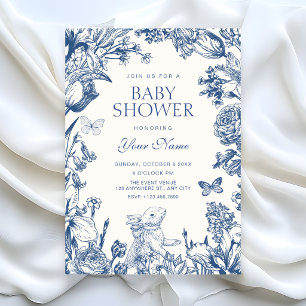 Blau-weiße Vintage-Blumen-Botanik-Baby-Party Einladung
