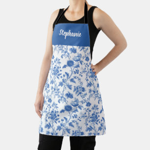 Blau Weiße Vintage Blumen Personalisierter Name Schürze