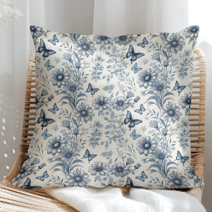 Blau-weiße Vintage-Blumen und Schmetterlinge Kissen