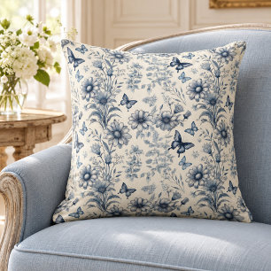 Blau-weiße Vintage-Blumen und Schmetterlinge Kissen