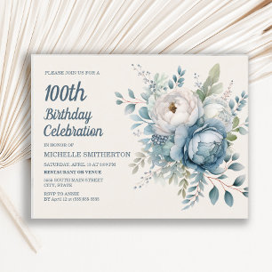 Blau-weiße Vintage-Blumen zum 100. Geburtstag der  Einladungspostkarte
