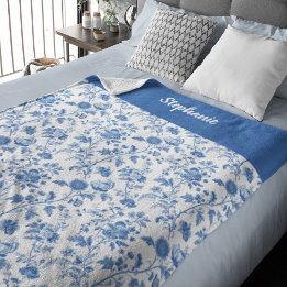 Blau-weiße Vintage-Blumenmuster mit personalisiert Fleecedecke