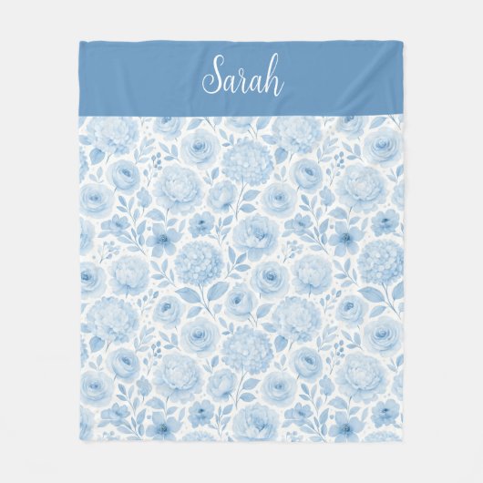 Blau-weiße Wasserfarbe Blumen-Monogramm-Name Fleecedecke (Vorderseite)