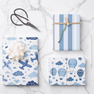 Blau-Weißer Babyjunge Geschenkpapier Set