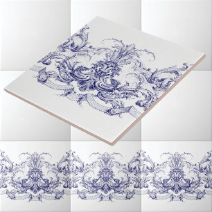 Blau-weißer Barock-Rokoko-Rocaille-Fries Fliese