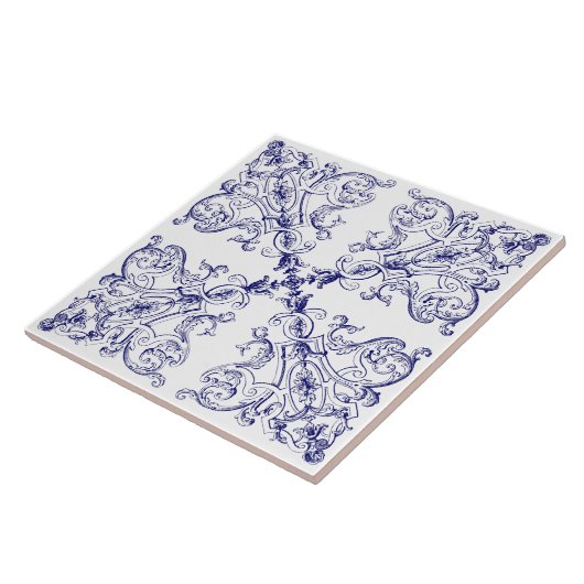 Blau-weißer Barock Rokoko Seashells Muster Fliese (Seite)