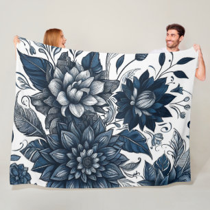 Blau-weißer Bohemian-Blumenprint Fleecedecke