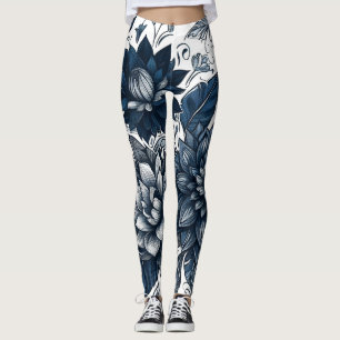 Blau-weißer Bohemian-Blumenprint Leggings