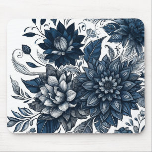 Blau-weißer Bohemien-Blumenprint Mousepad