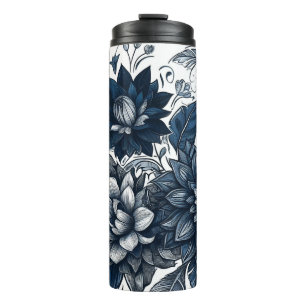 Blau-weißer Bohemien-Blumenprint Thermosbecher