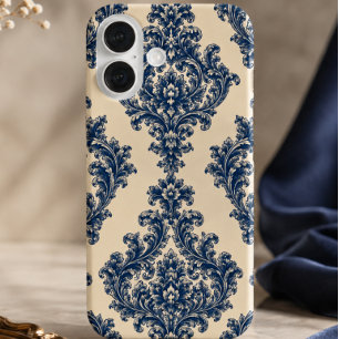 Blau-weißer Damast iPhone 16 Hülle