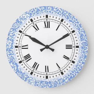 Blau-weißer florale Tudor-Damask im Vintage-Stil Große Wanduhr