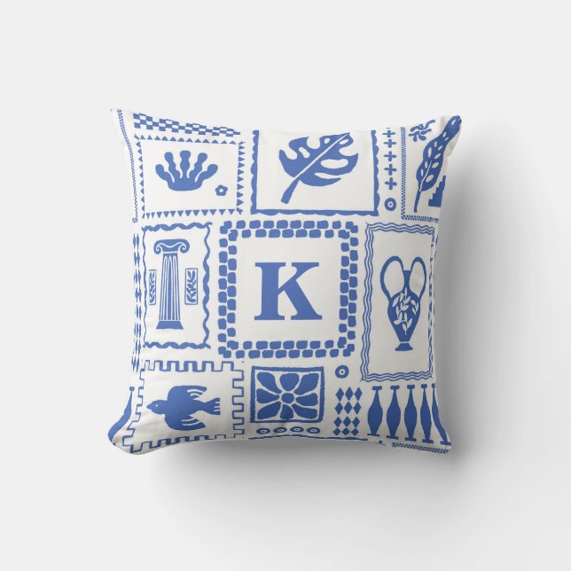 Blau-weißes abstraktes Monogramm-Dekorationsgesche Kissen (Vorderseite)