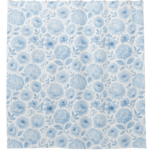 Blau-weißes Aquarell-Blumenmuster Duschvorhang (Vorderseite)