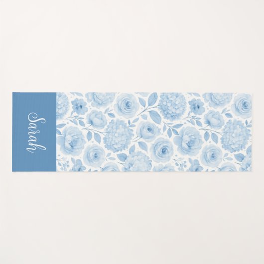 Blau-weißes Aquarell-Blumenmuster mit individuelle Yogamatte (Vorderseite (Horizontal))