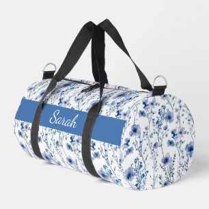 Blau-weißes Aquarell-Blumenmuster-Monogramm-Name Duffle Bag