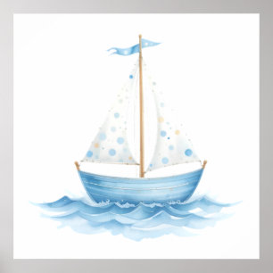 Blau & Weißes Aquarell-Segelschiff – Nautilus-Baby Poster