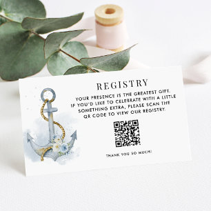 Blau-Weißes Blumen-Anker-Hochzeitsregister-QR-Code Begleitkarte