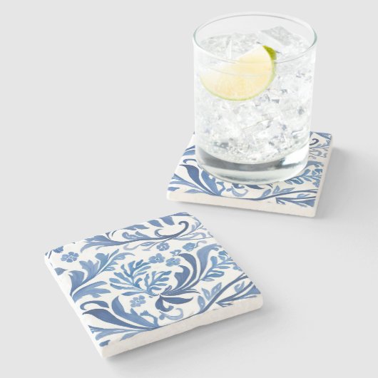 Blau-weißes Blumendesign | Chinoiserie-Muster Steinuntersetzer (Seitenansicht)