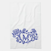 Blau-weißes Blumenmonogramm M Geschirrtuch (Vertikal)