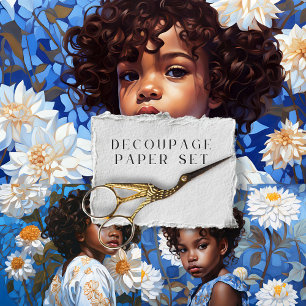 Blau-weißes Blumenportrait-Decoupage-Papierset Geschenkpapier Set