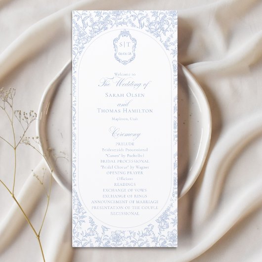 Blau-weißes Blumens Chinoiserie-Hochzeitsprogramm