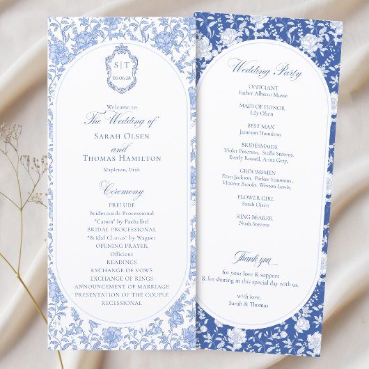 Blau-weißes Blumens Chinoiserie-Hochzeitsprogramm