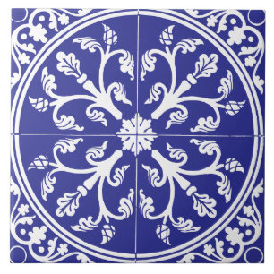 Blau-weißes botanisches abstraktes Kreis-Vintage Fliese
