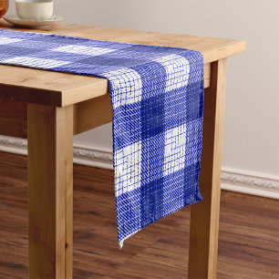 Blau-weißes, fett kariertes Karomuster Design Kurzer Tischläufer