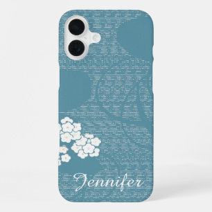 Blau-weißes florales Minimalist-Design, Name, Weib iPhone 16 Plus Hülle