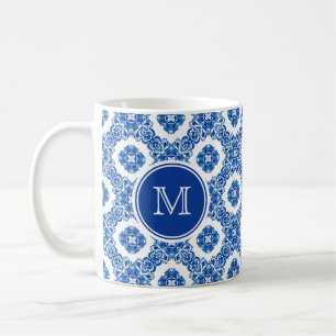 Blau-weißes florales Wasserfarben-Pariser Monogram Kaffeetasse